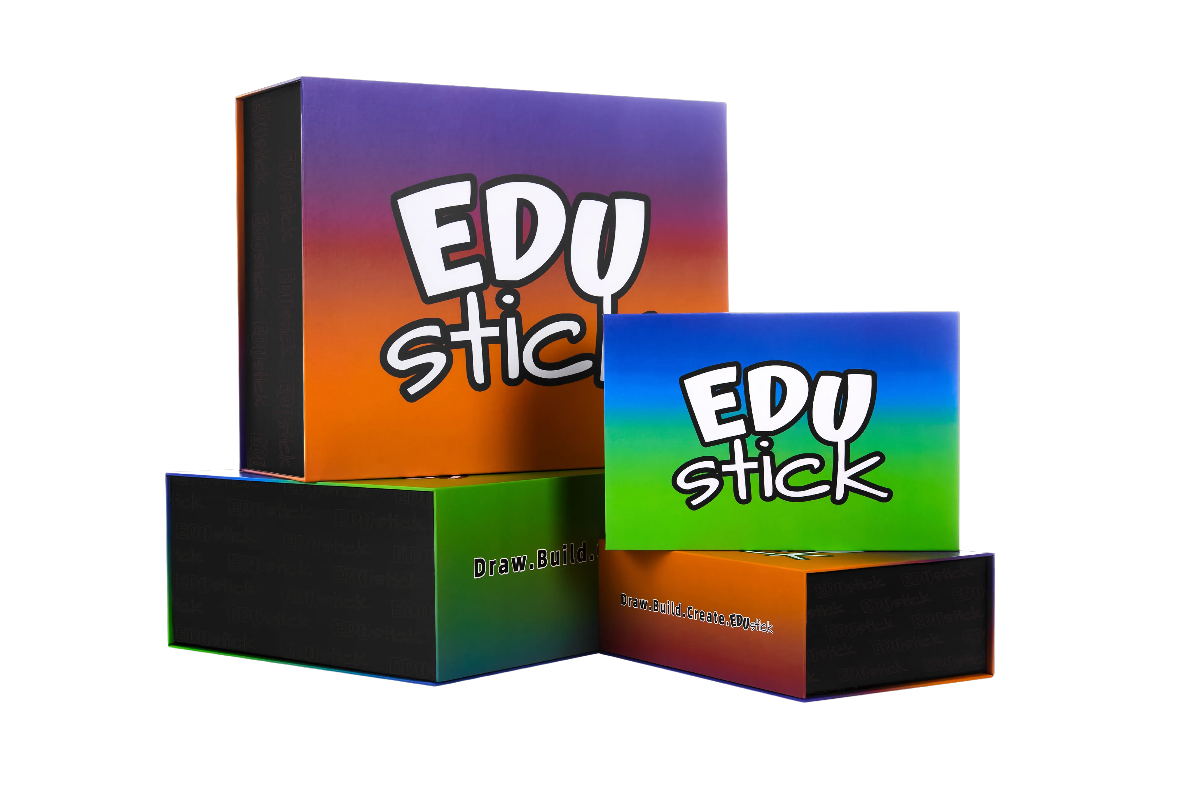 Kolorowe pudełka produktów EDUstick ułożone jedno na drugim